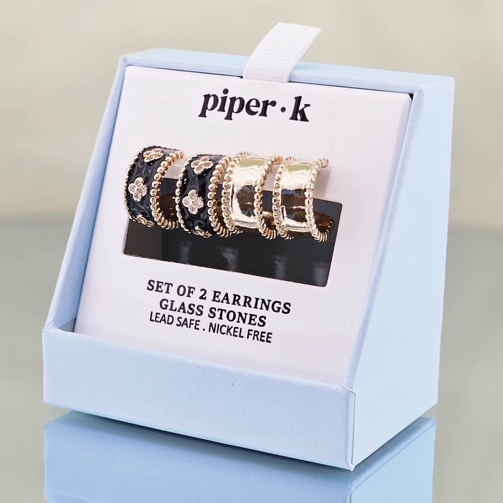 Piper K Earrings 2 Pairs of Hoop Earrings Black & Gold Tone Earrings Set Gifts - Picture 1 of 3
